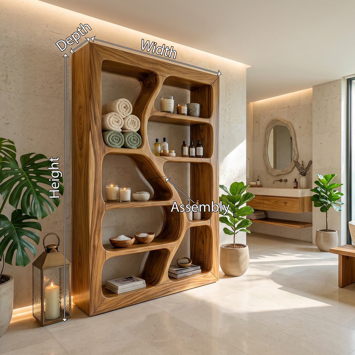 Organic Wooden Storage Shelf For Spa Interiors