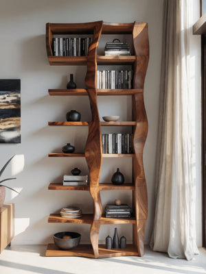 Sculptural Bookshelf With Flowing Wave Design For Living Room