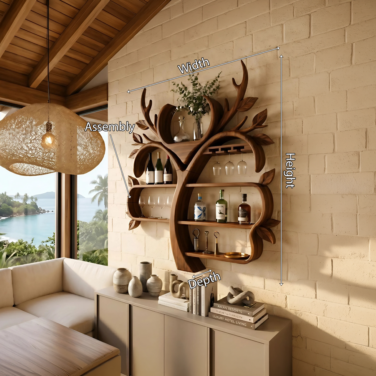 Resort Style Tree Inspired Wine Bar Shelf For Living Room