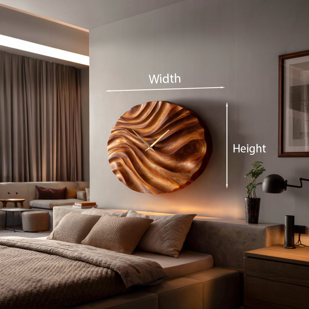 Organic Wood Wall Clock With Flowing Wave For Bedroom Interior