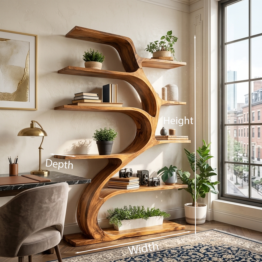 Minimal Natural Wood Bookshelf Branch Design For Interior Space