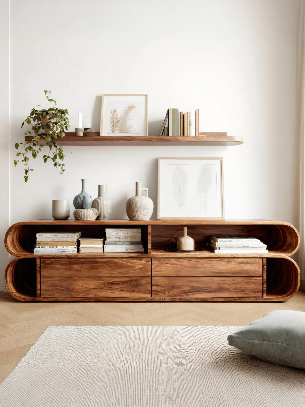 Rounded Edge Cabinet With Open Shelf For Living Room