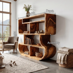 Modern Curved Wooden Bookcase With Integrated Open Storage