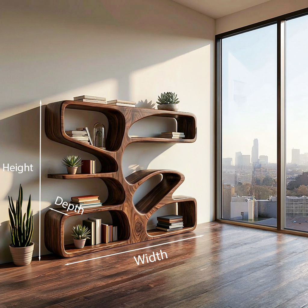 Organic Wooden Bookshelf With Sculpture Form For Home