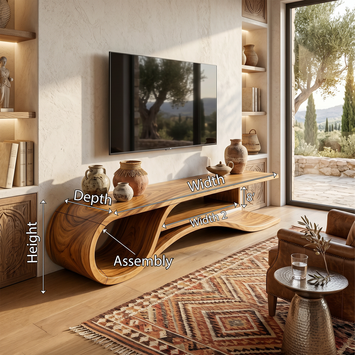 Rustic Curved Media Console For Mediterranean Interior