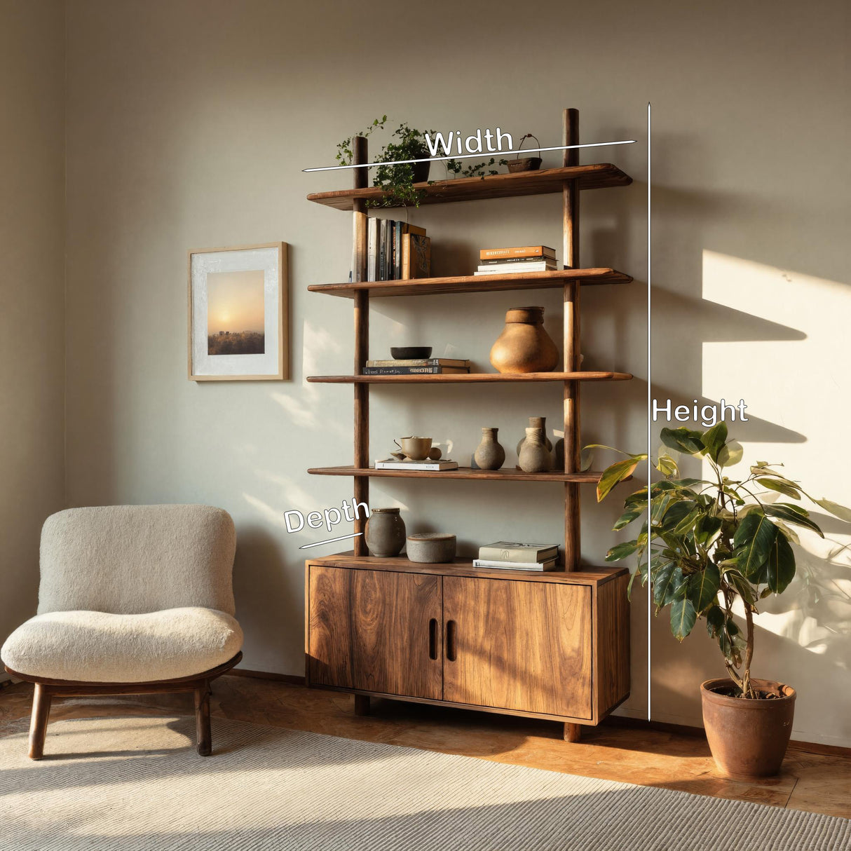Mid Century Wooden Bookcase With Closed Storage For Living