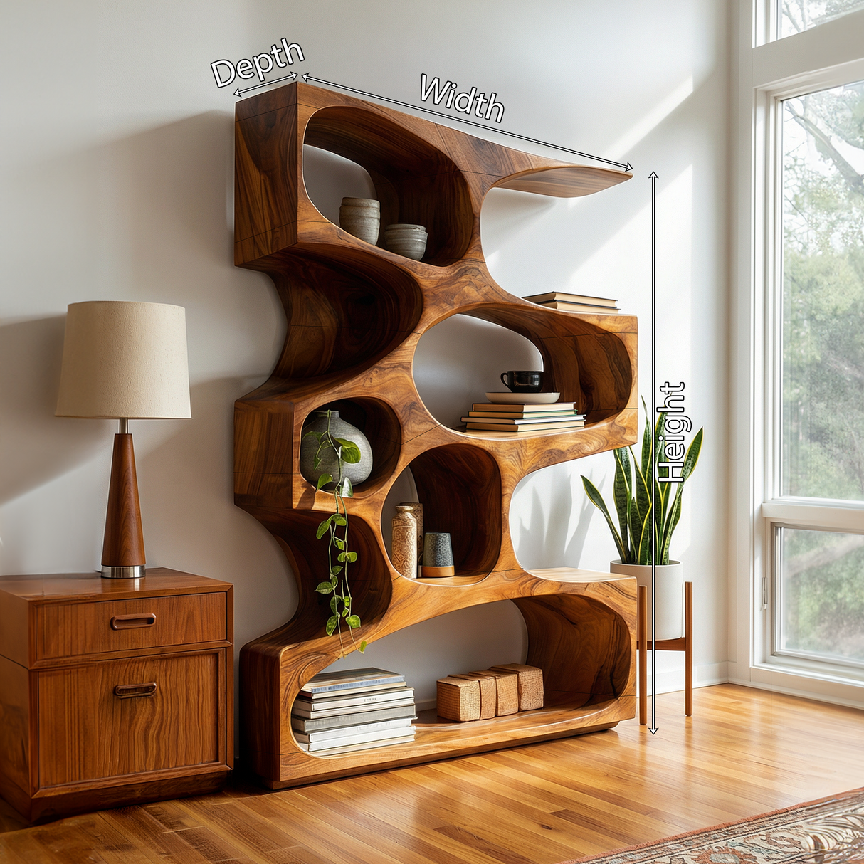 Mid Century Modern Wavy Bookshelf Bedroom Corner Storage
