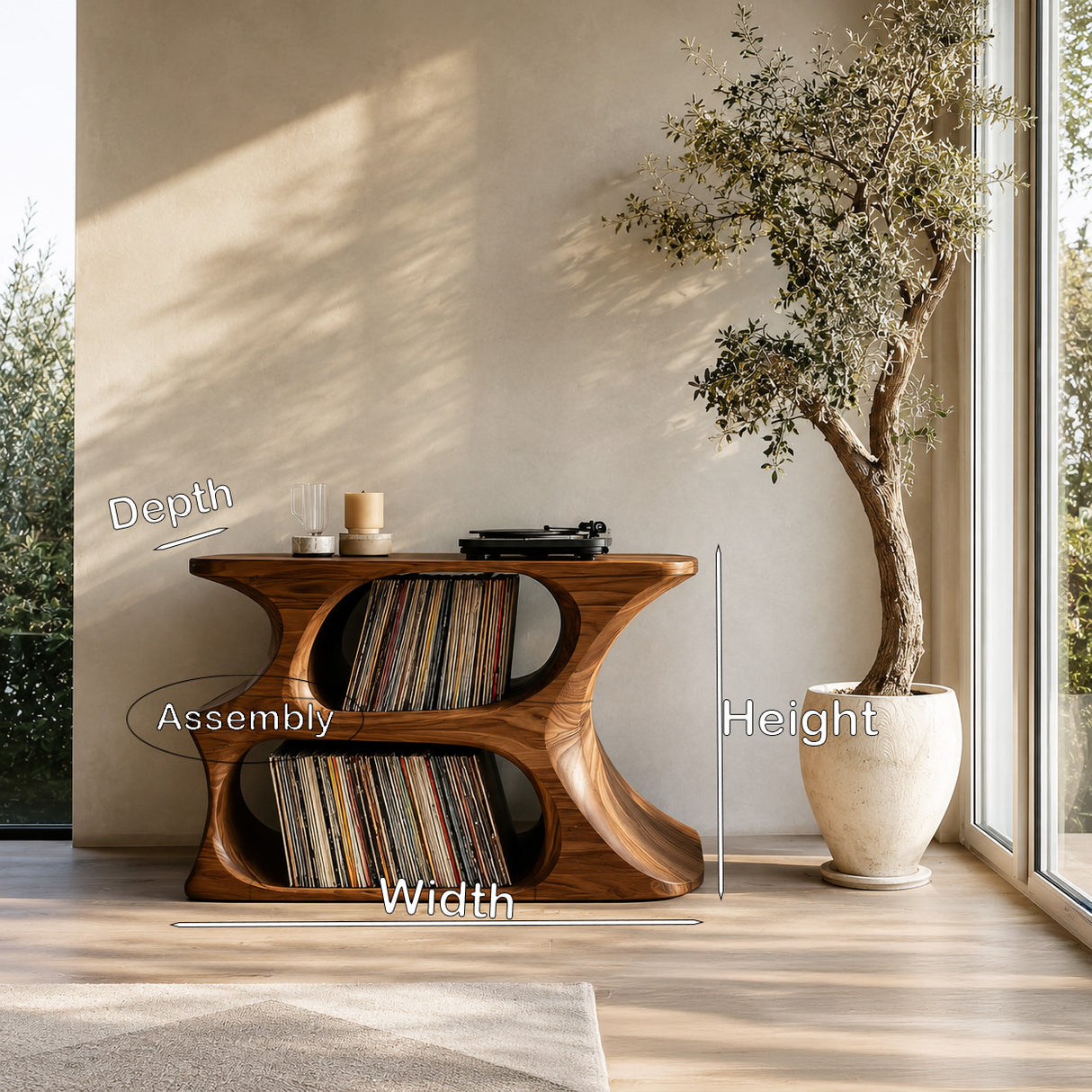 Modern Wooden Record Cabinet With Rounded Shelves For Living Room