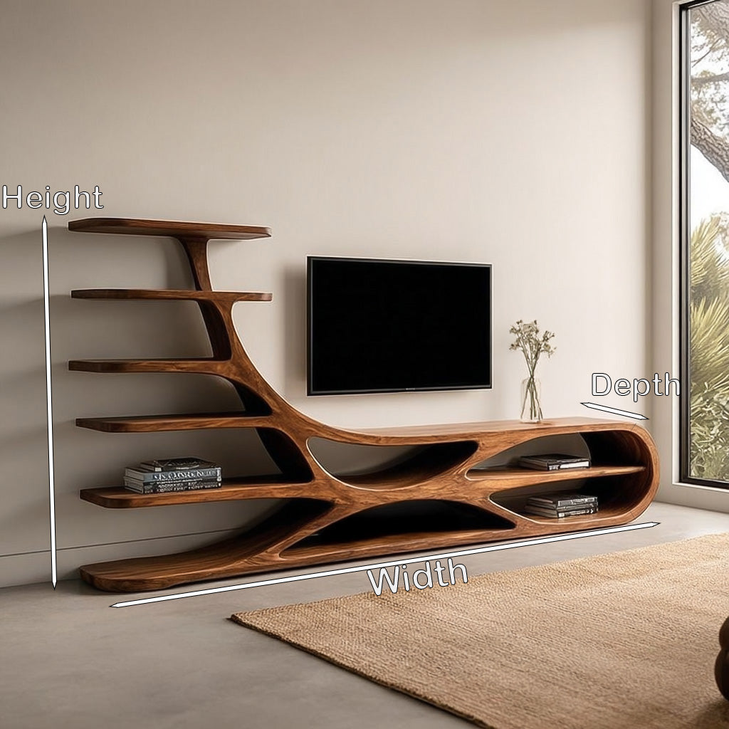 Organic Natural Wood TV Stand With Floating Shelves For Home