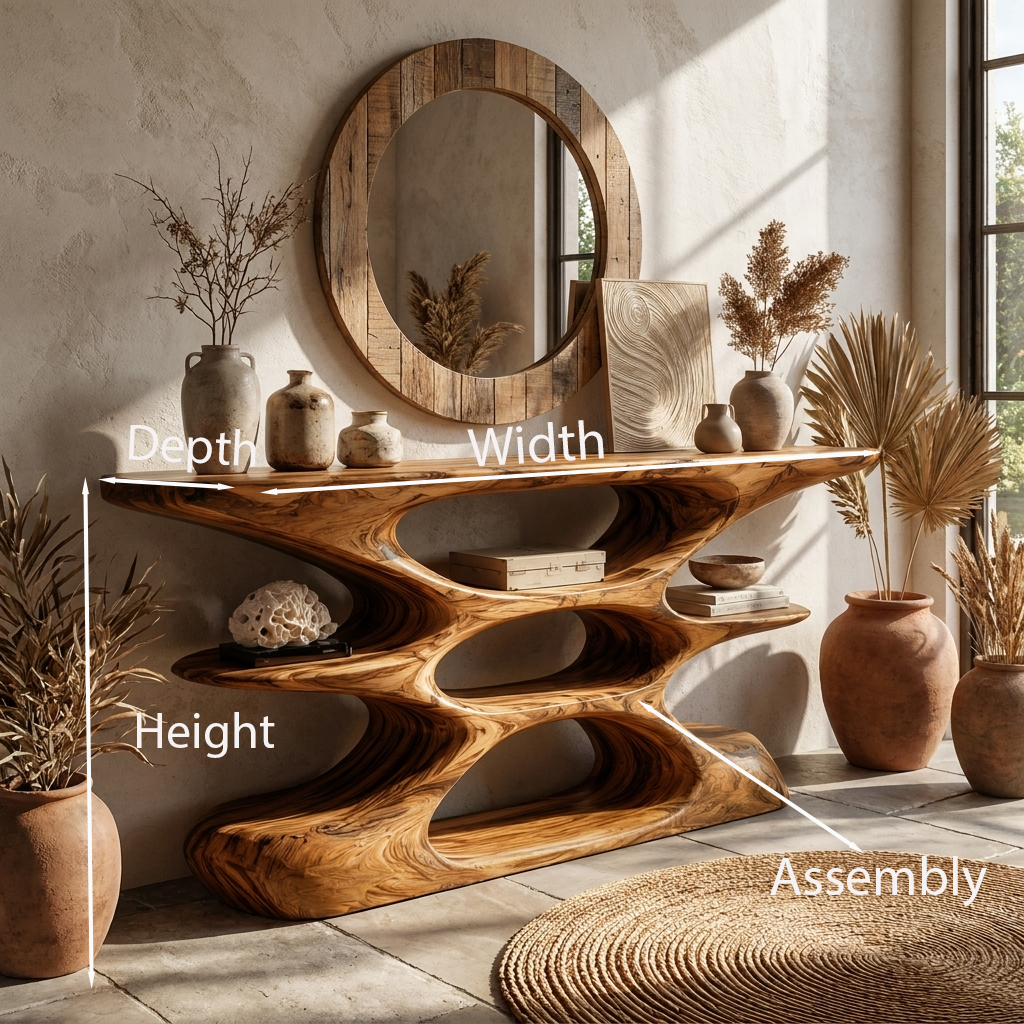 Contemporary Sculptural Wood Console Table With Cutout Shelves For Living