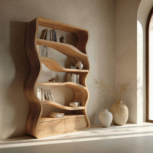 Modern Curved Wooden Bookshelf For Living Room