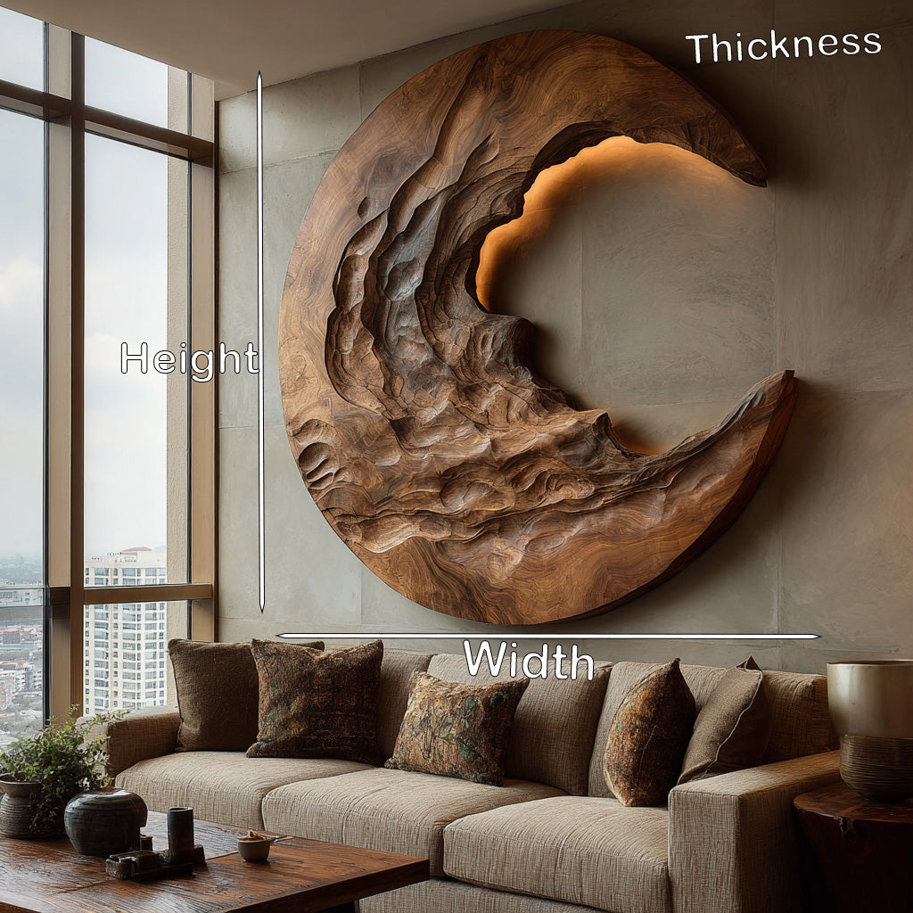 Organic Modern Crescent Wood Wall Art With Light For Living Room