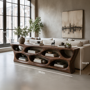 Handcrafted Wooden Console Table With Rounded Open Shelves For Entryway