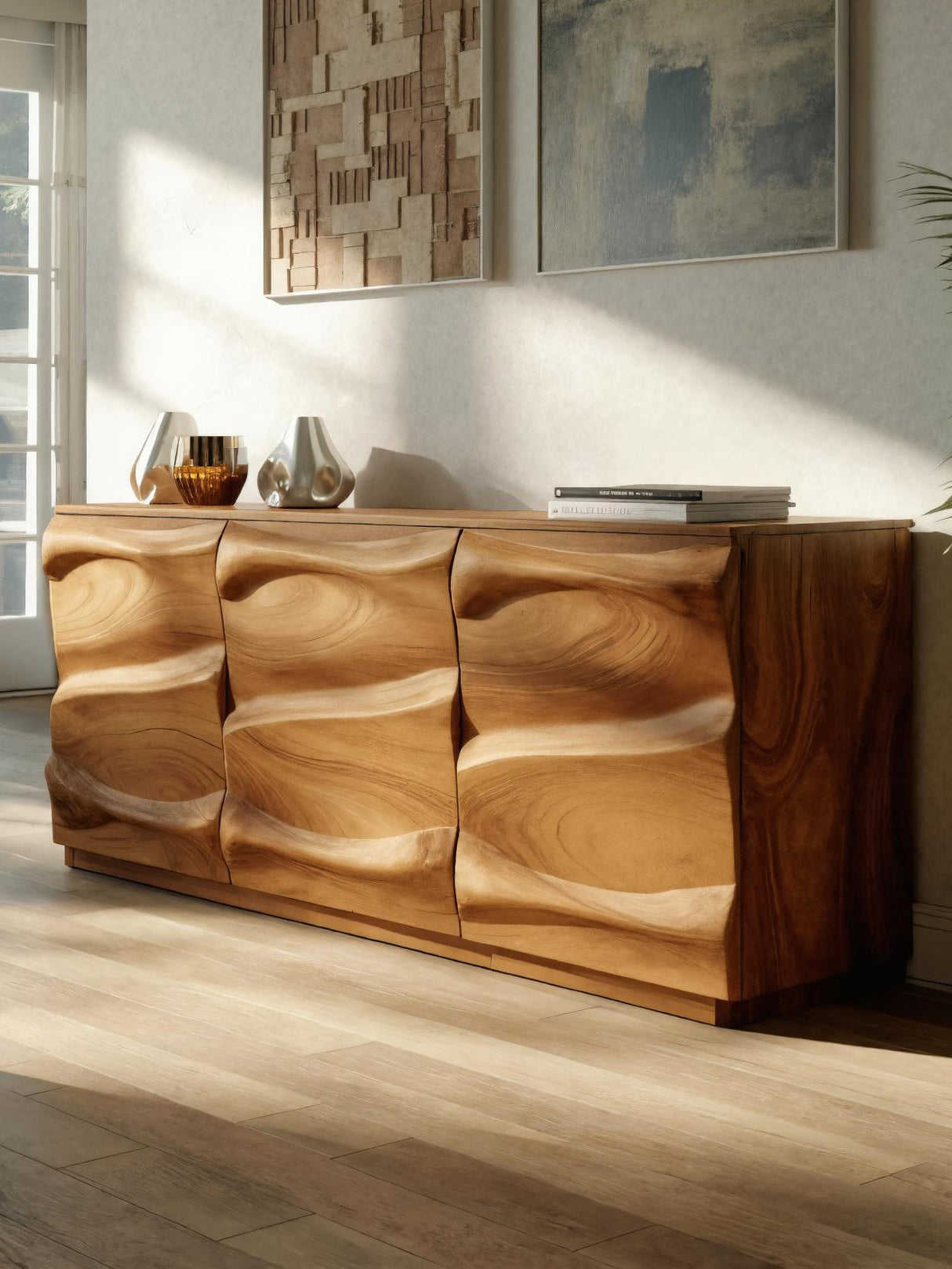 Handcrafted Sideboard With Sculptural Wave For Living Room