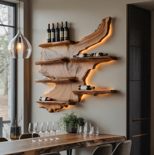 Rustic Live Edge Wine Rack Shelf With LED For Bar