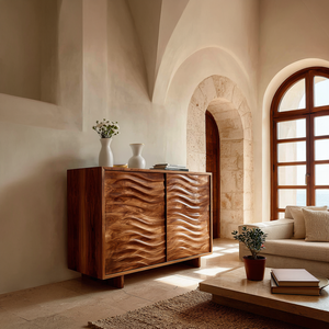 Modern Wooden Sideboard With Flowing Wave Doors For Living