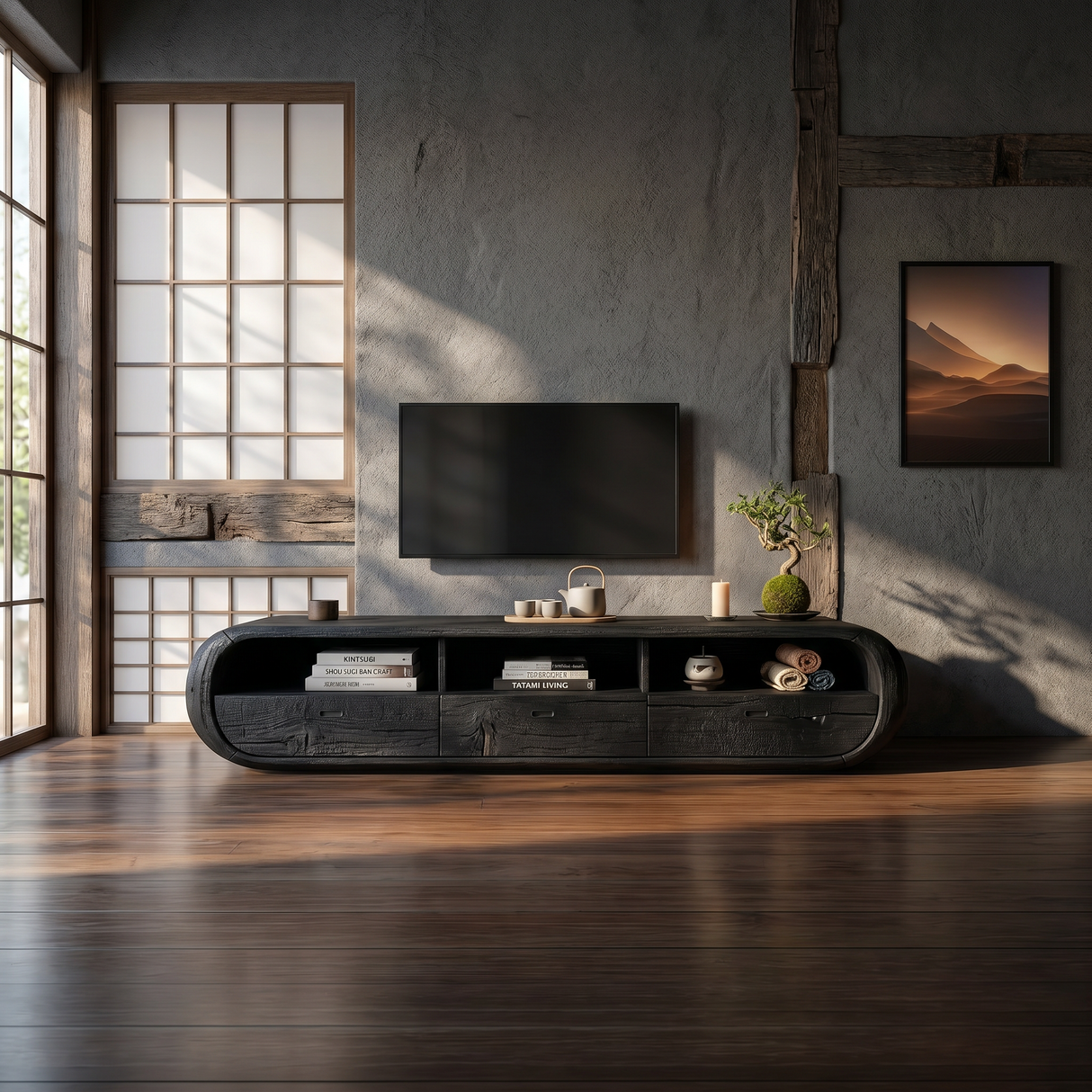 Japanese Zen TV Stand For Wabi Sabi Interior Design