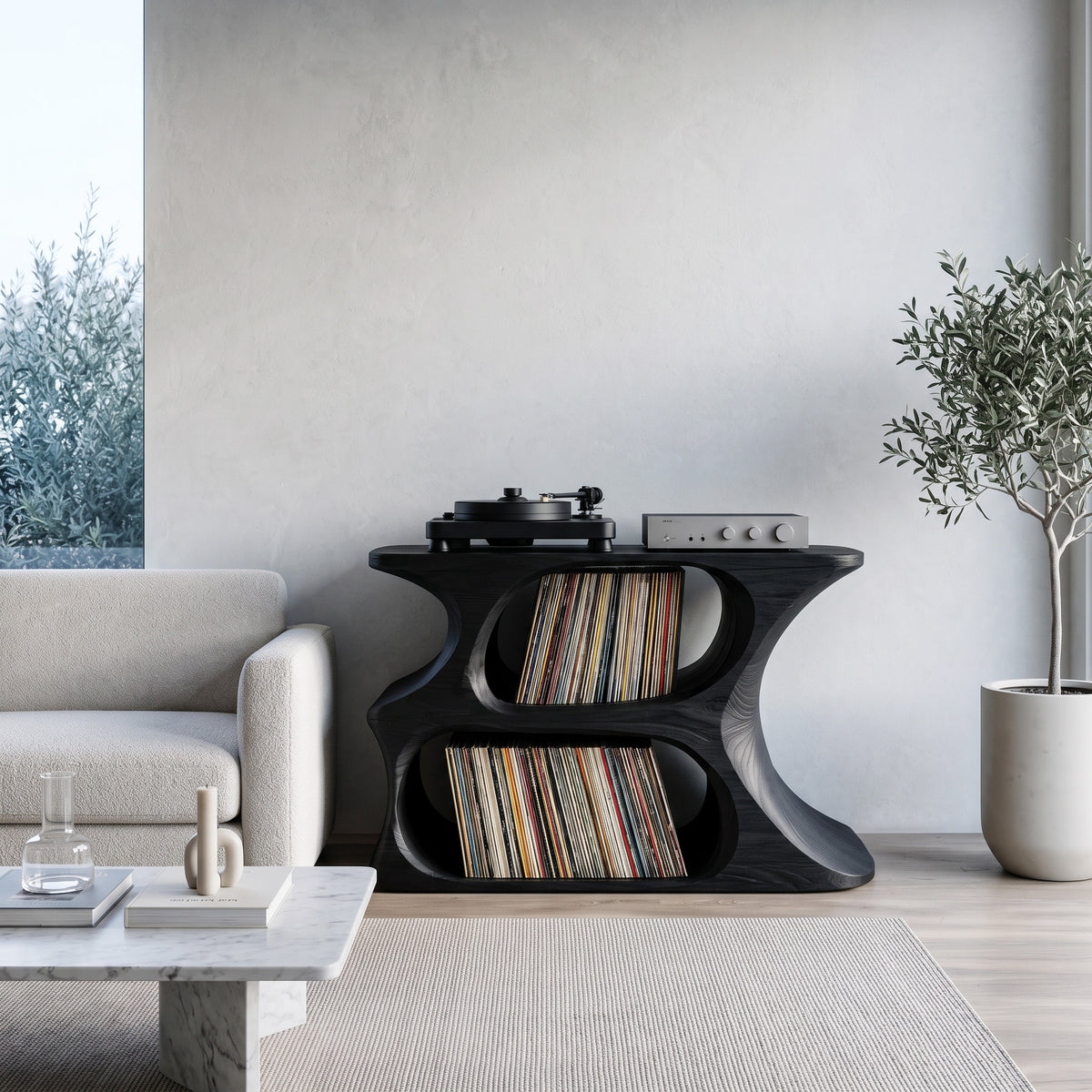 Modern Wooden Record Cabinet With Rounded Shelves For Living Room