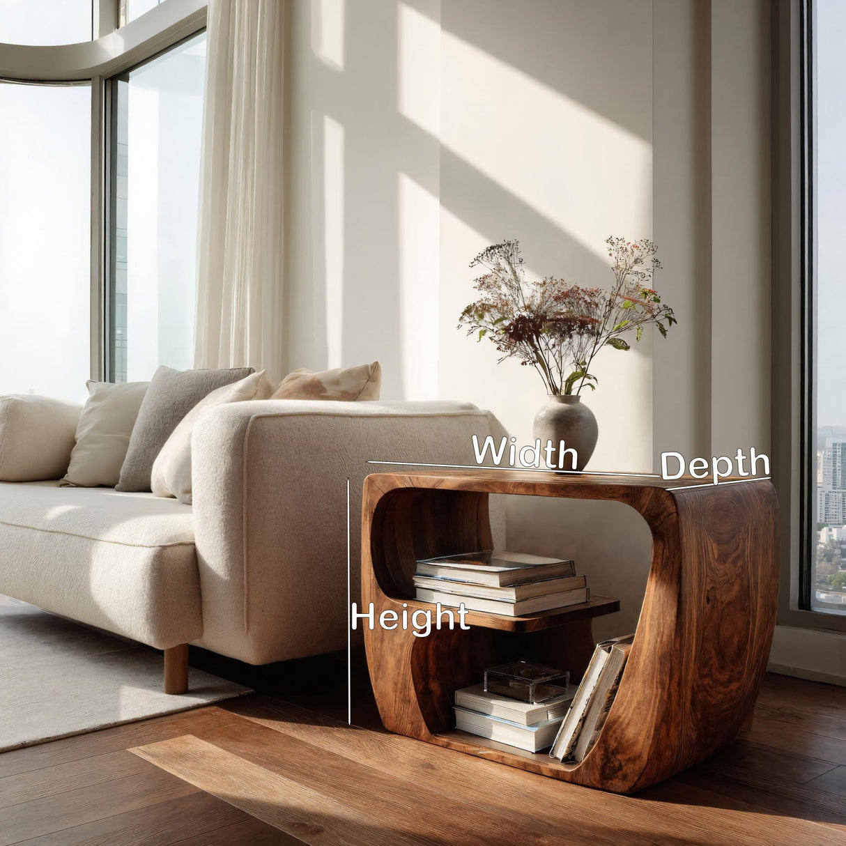 Quiet Luxury Solid Wood Side Table With Curved Design And Open Storage For Living Room