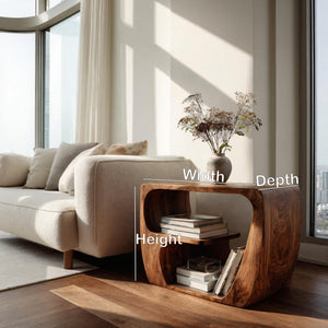 Quiet Luxury Solid Wood Side Table With Curved Design And Open Storage For Living Room