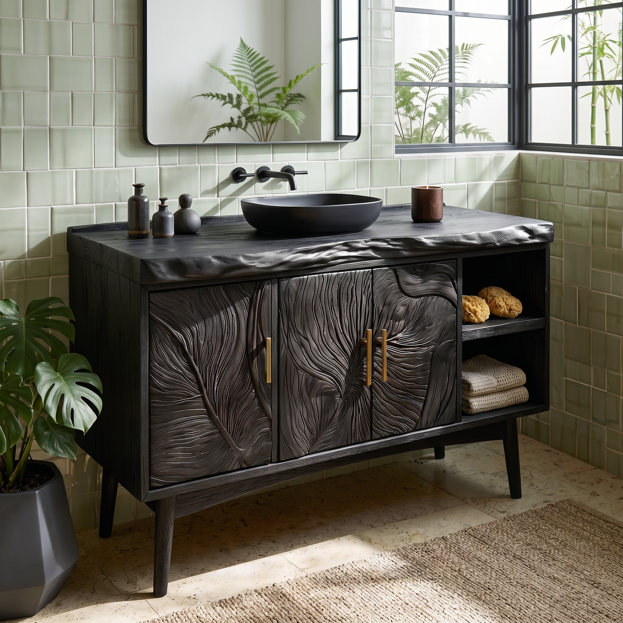 Urban Wooden Sink Vanity With Carved Doors Master Bathroom