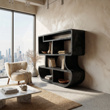 Modern Curved Wooden Bookcase With Integrated Open Storage