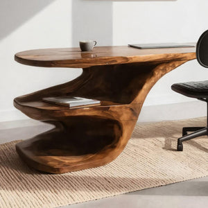 Sculptural Desk With Built-in Shelf For Home Office