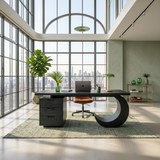 Mid Century Curved Desk With Side Cabinet For Office