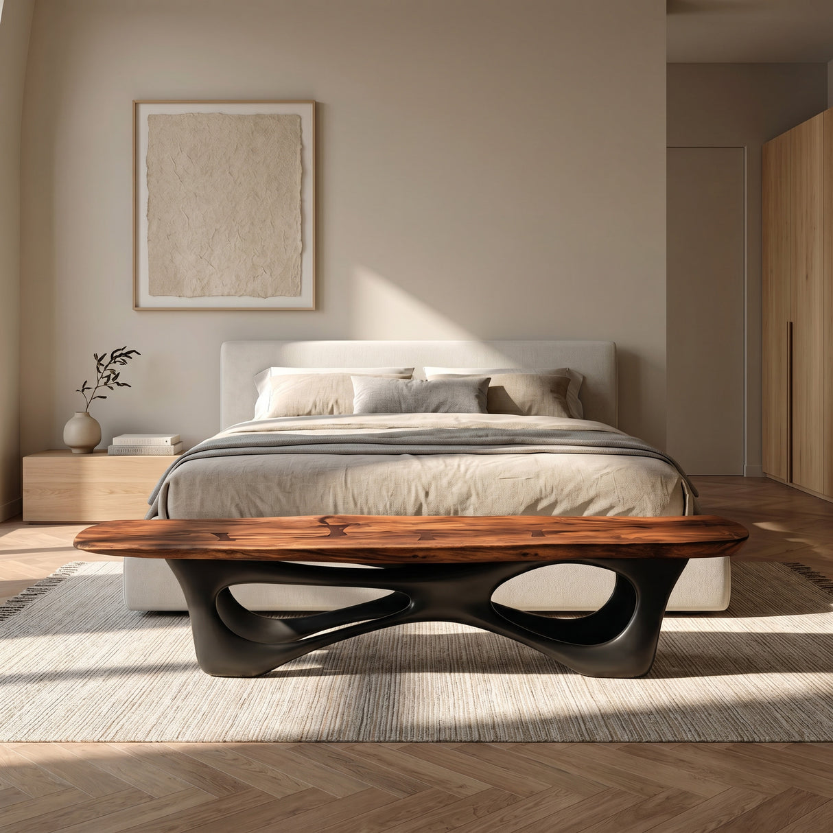 Curved Wooden Statement Bench For Modern Apartment