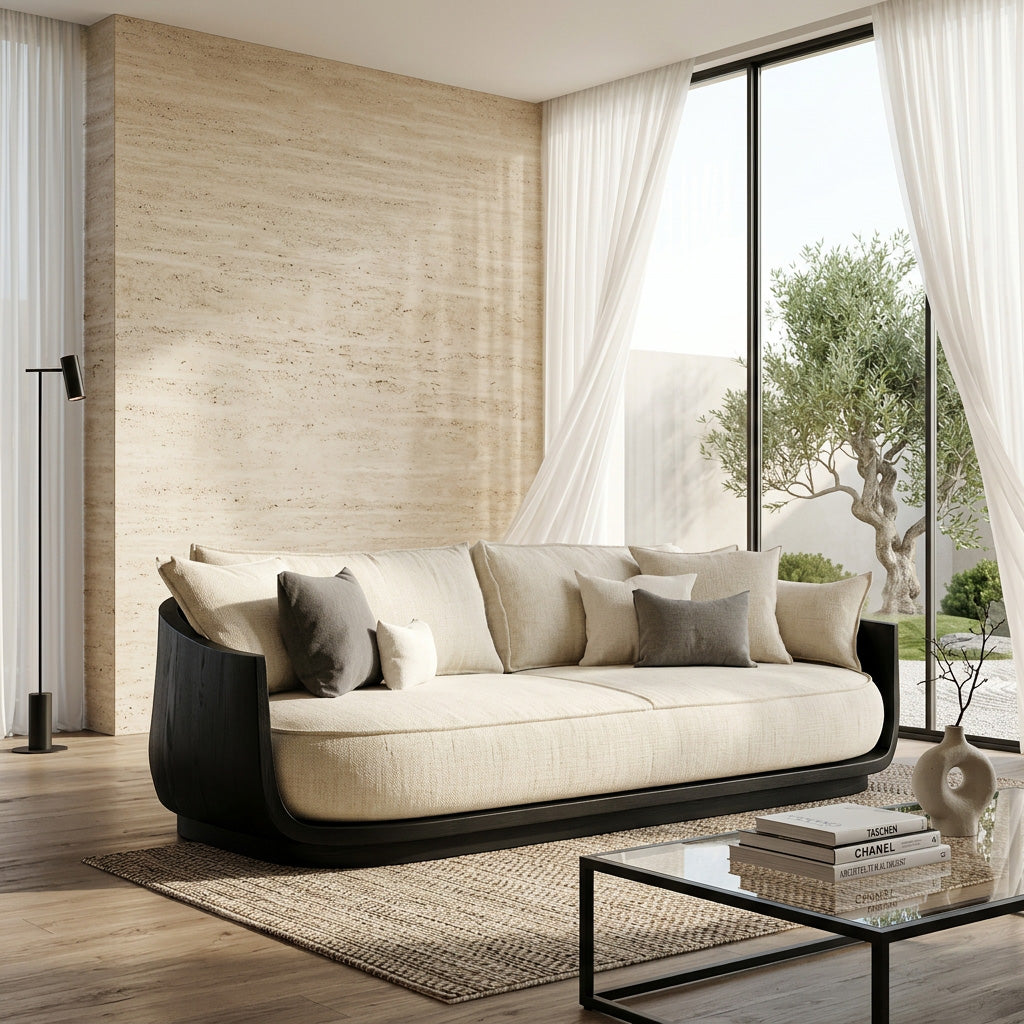 Modern Wooden Sofa With Flowing Rounded Edges For Home