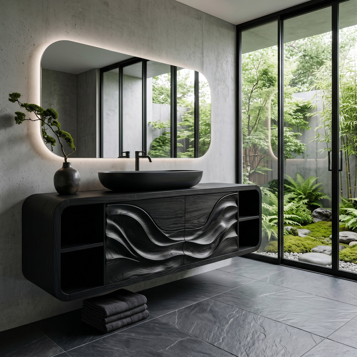 Organic Floating Bathroom Cabinet With Open Shelves For Spa Bathroom