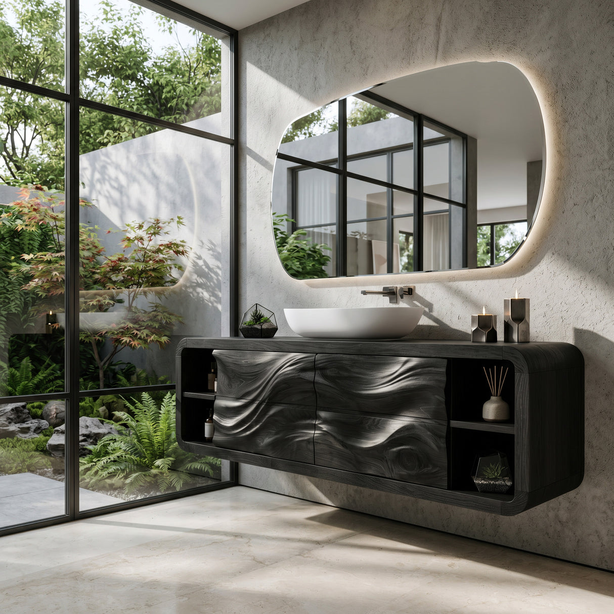 Handcrafted Floating Bathroom Cabinet With Open Shelf Sides For Bathroom