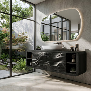 Handcrafted Floating Bathroom Cabinet With Open Shelf Sides For Bathroom