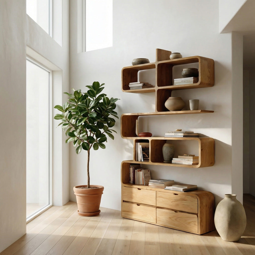 Minimalist Bookshelf With Curved Lines And Storage For Living