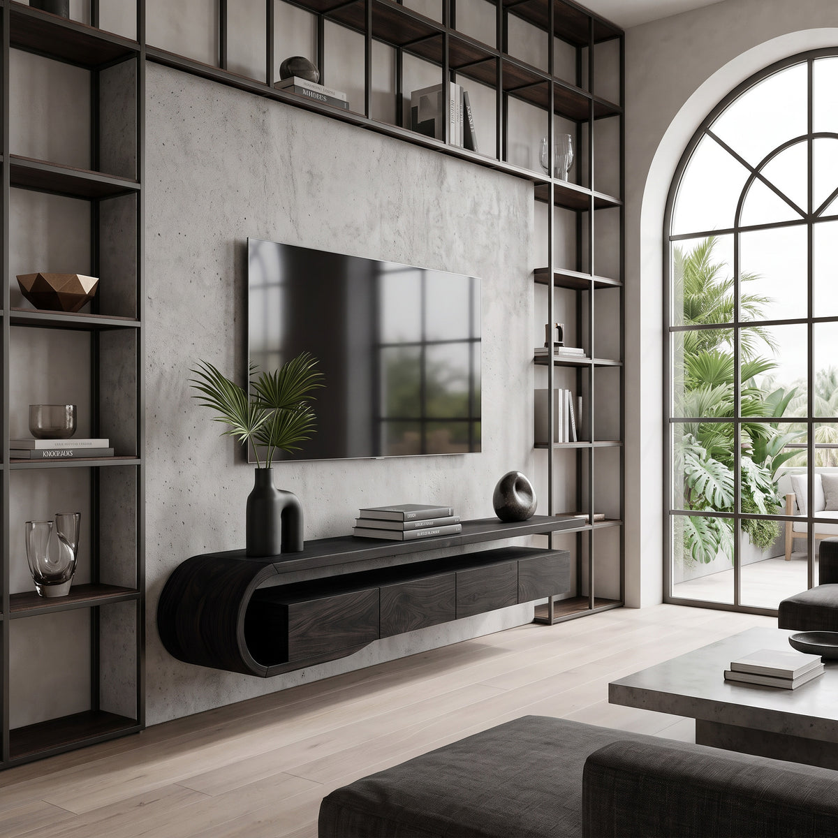 Modern Sculptural Wall Mounted TV Console For Living Room