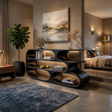 Modern Bookshelf With Sculptural Curves For Living Room Interior