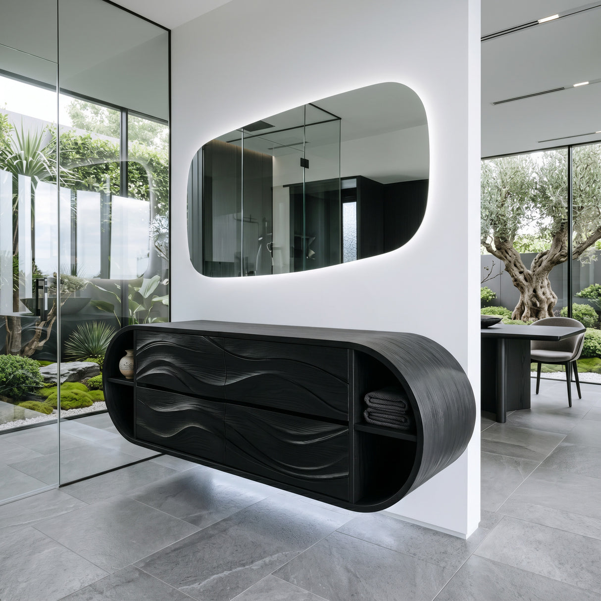 Luxury Wave Carved Bathroom Vanity With Open Storage For Bathroom