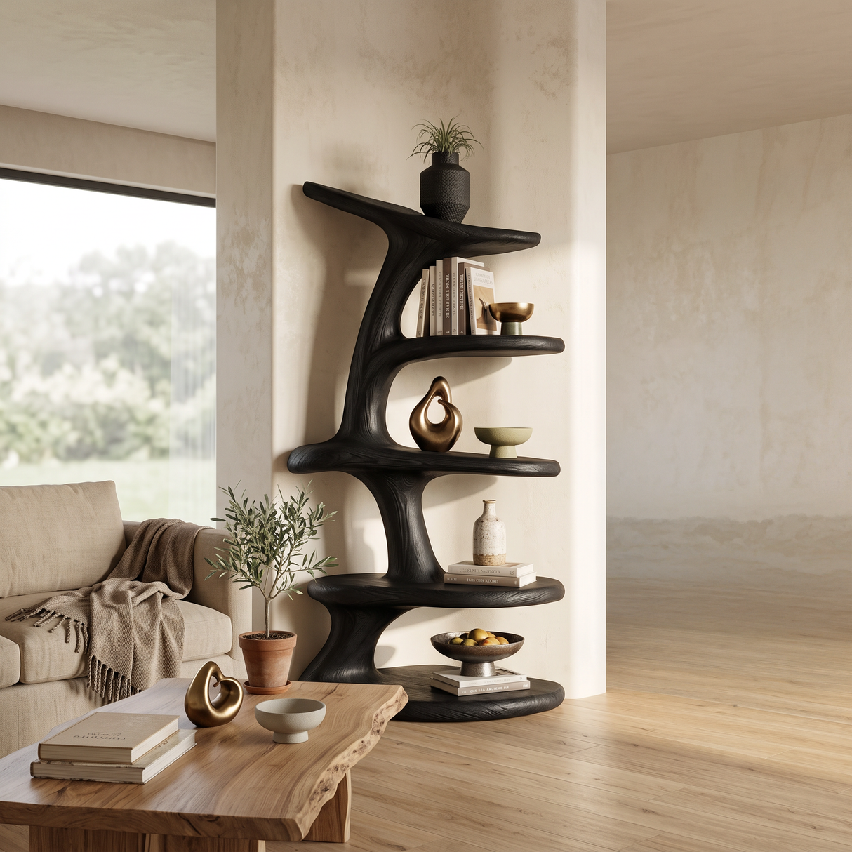 Modern Asymmetrical Sculptural Bookcase For Contemporary Living Room