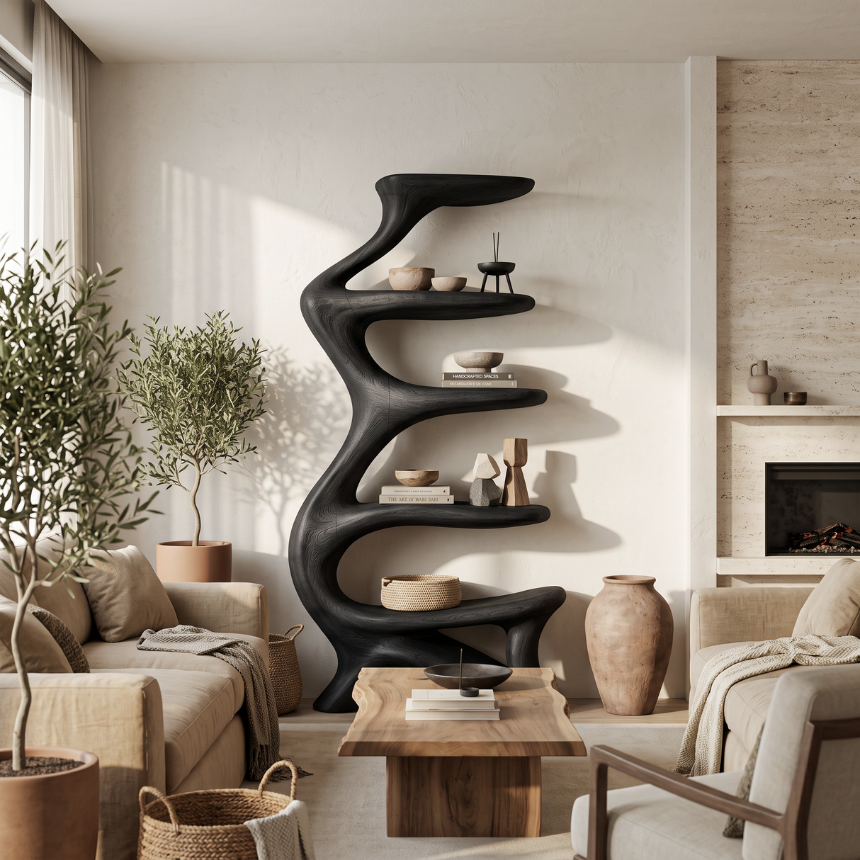 Organic Bookshelf Flowing Curved For Luxury Interior