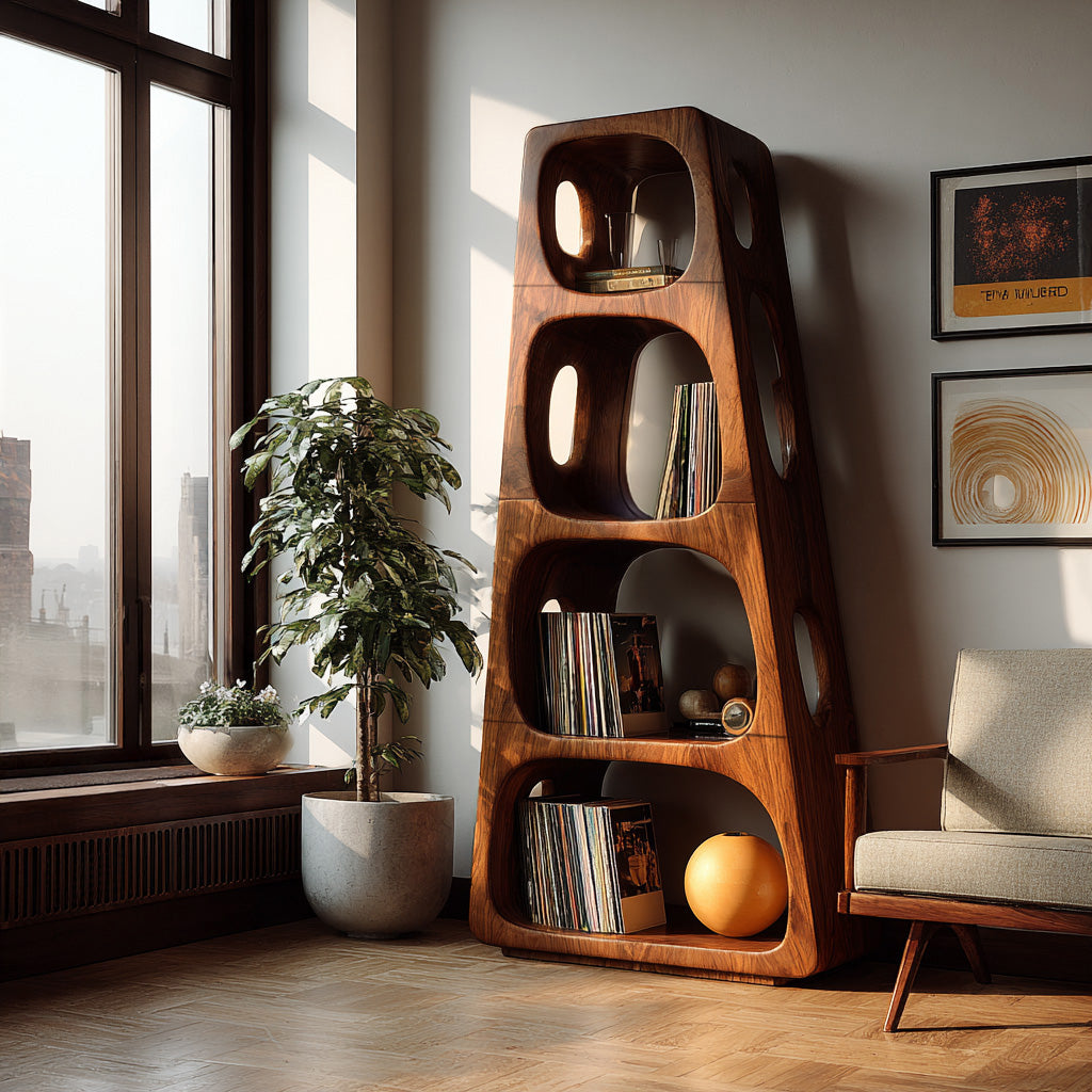 Mid Century Wooden Standing Shelf For Living Room