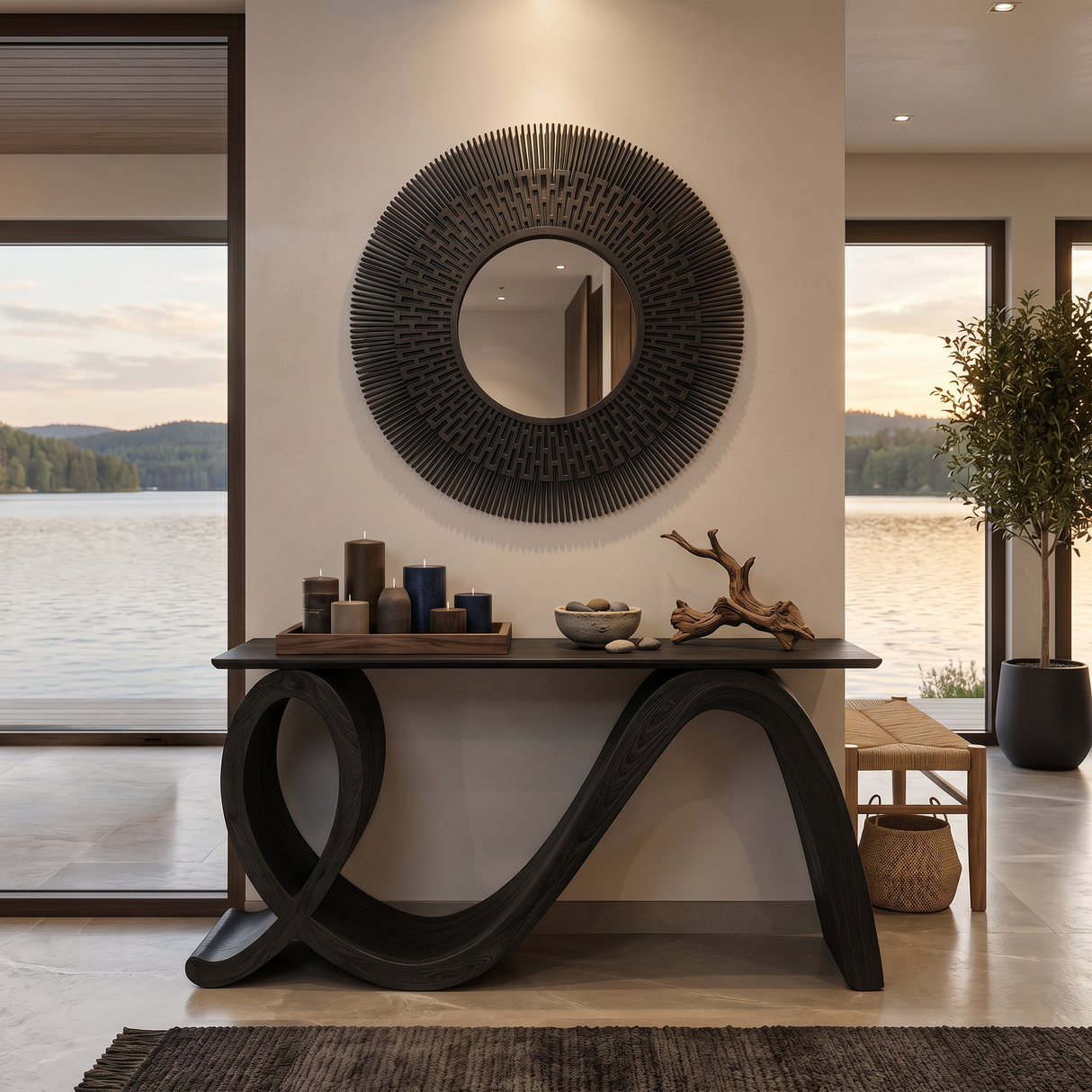 Modern Wooden Console Table Flowing Loop Base Design For Interior