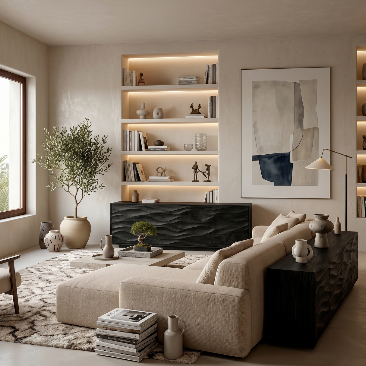 Minimalist Wooden Wave Carved Sideboard For Home