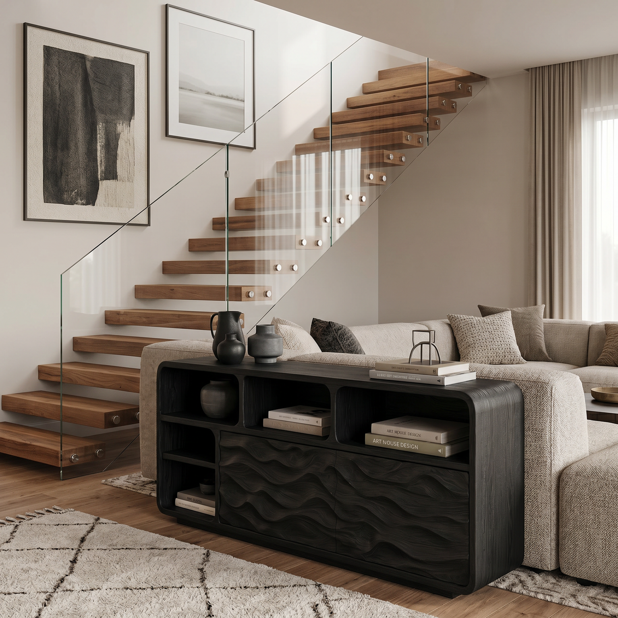 Handcrafted Wooden Console Table With Open Display Shelves For Entryway