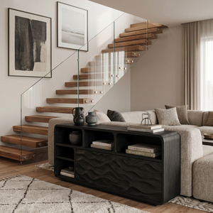 Handcrafted Wooden Console Table With Open Display Shelves For Entryway