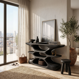 Contemporary Sculptural Wood Console Table With Cutout Shelves For Living