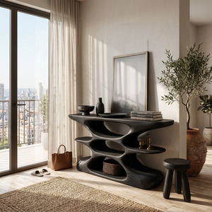 Contemporary Sculptural Wood Console Table With Cutout Shelves For Living