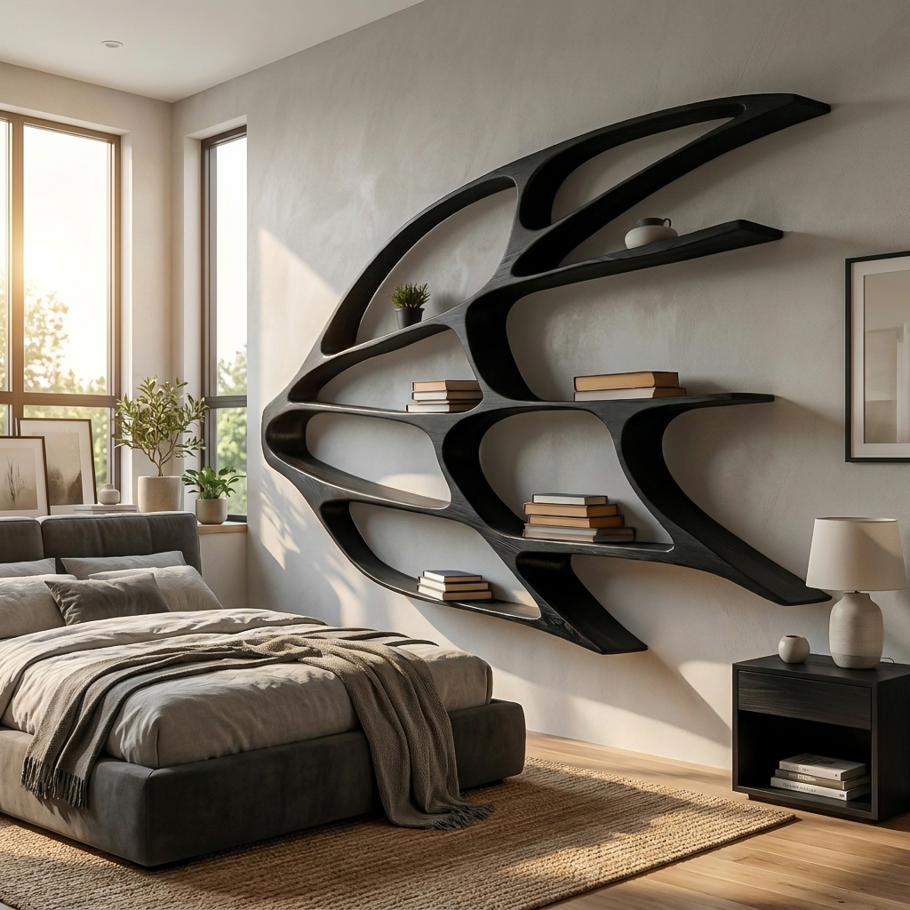 Organic Wooden Wall Mounted Bookshelf For Home Living