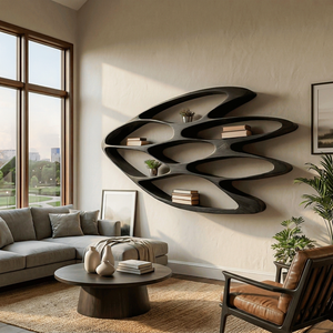 Wooden Wall Bookshelf With Unique Shape For Living Room Wall