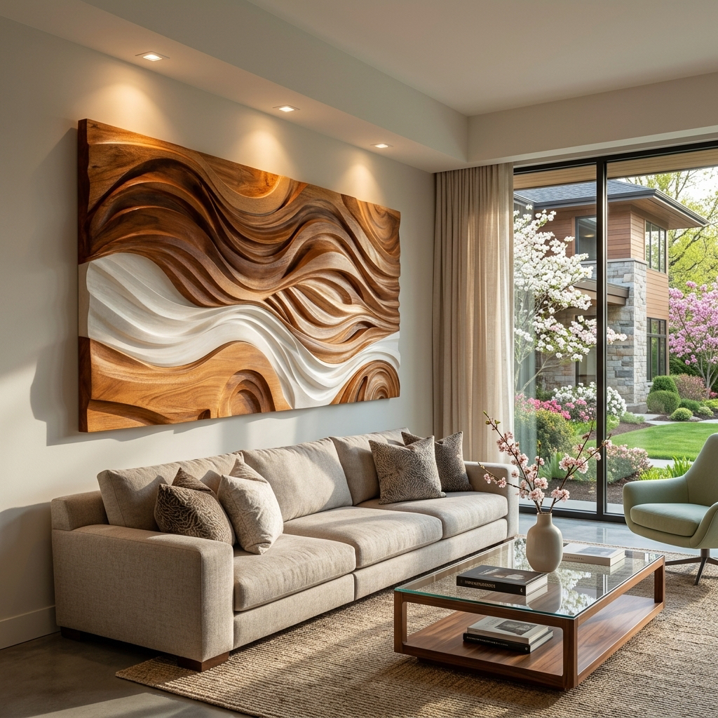 Modern Natural Wood Wall Art Wave Design For Living Room