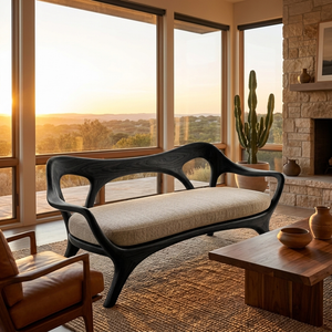 Statement Wooden Sofa With Curved Backrest For Living Decor